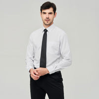 Man wearing W7 business shirt polyester with tie, showcasing its stylish design and professional look.