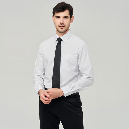 Man wearing W7 business shirt polyester with tie, showcasing its stylish design and professional look.