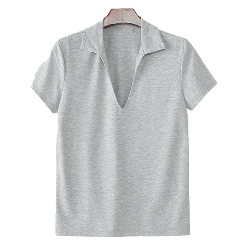 Men's breathable v-neck short sleeve top in gray color displayed on a hanger.