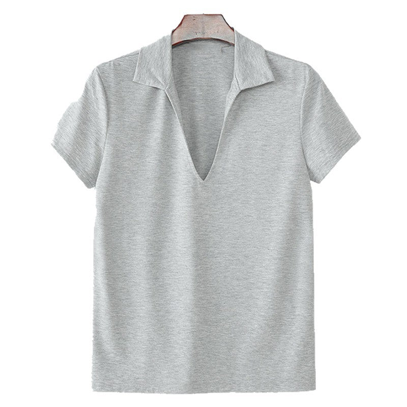 Mens breathable v-neck short-sleeve top in gray displayed on a wooden hanger.