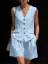 Womens cotton-linen summer vest and shorts set in light blue with a sleeveless design and button details.