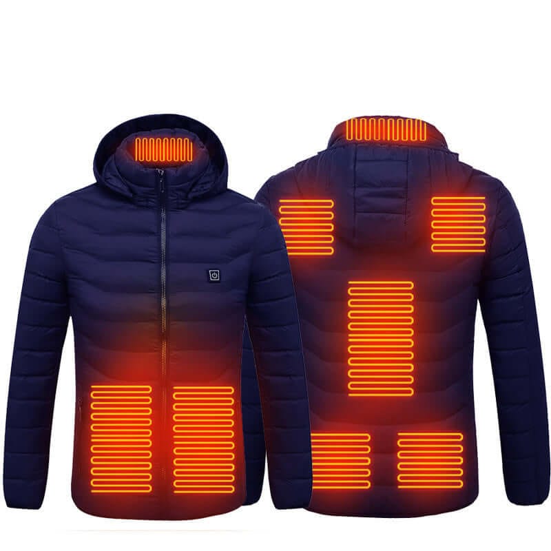 Winter heated jacket for men with electric heating elements and a removable hood for ultimate warmth and comfort.