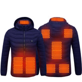Winter heated jacket for men with electric heating elements and a removable hood for ultimate warmth and comfort.