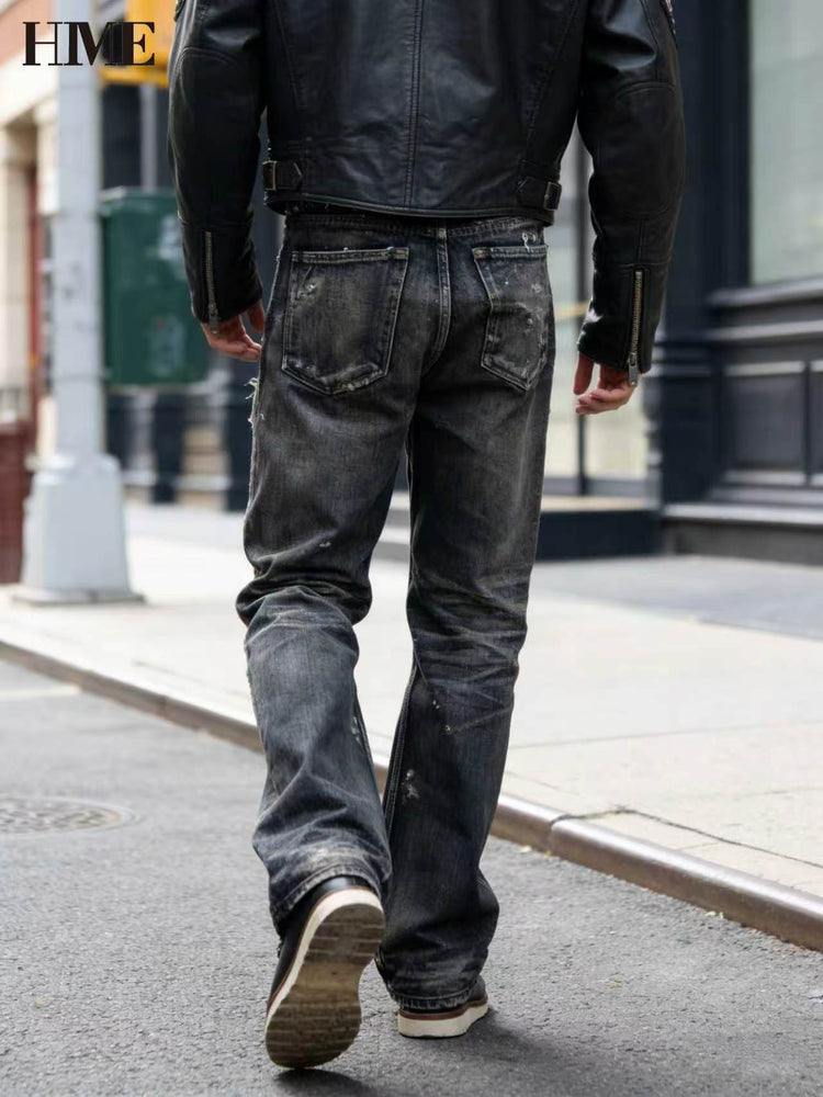 Man wearing Shanxi stretchy slim straight pants walking on urban street.