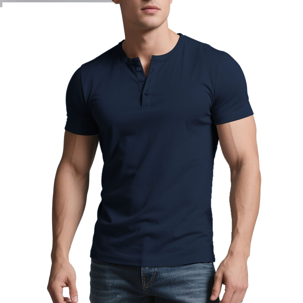 mens casual crew-neck t-shirt in navy blue, slim fit, short sleeve style for a mature casual look.
