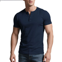 mens casual crew-neck t-shirt in navy blue, slim fit, short sleeve style for a mature casual look.