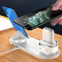 6-in-1 wireless charging dock for iPhone charging multiple devices with sleek design.