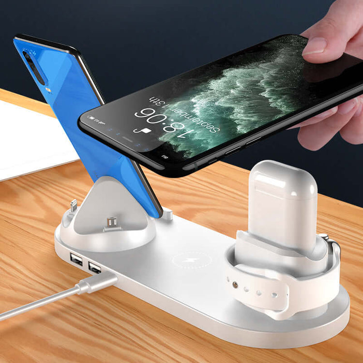 6 in 1 wireless charging dock for iPhone, showing a phone and AirPods charging on a sleek dock.