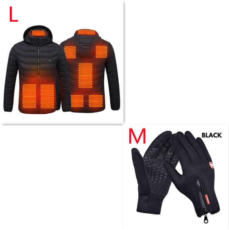 Heated jacket for men shown with heating elements lit, alongside black thermal gloves for winter wear.