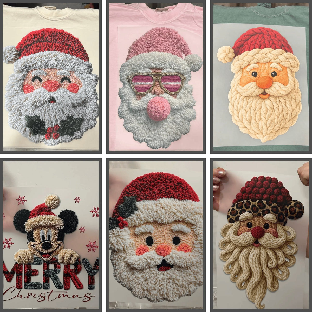Custom DTF heat press transfer featuring various festive Santa designs and characters for holiday apparel.
