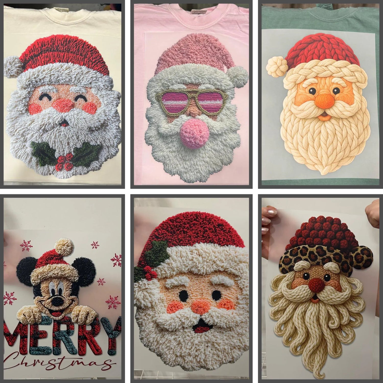 custom DTF heat transfer designs featuring Santa, Mickey Mouse, and festive characters on shirts.