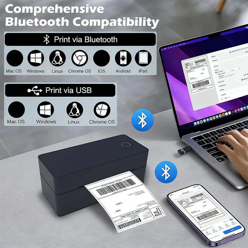 Wireless Bluetooth Thermal Shipping Label Printer 4X6 Support Android Mac Iphone Windows - Shipping Label Printer with Bluetooth compatibility.