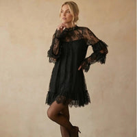 Chicovar Women's Sheer Black Lace Mini Dress - Unlined Long Sleeve Crew Neck Cocktail Dress with Ruffled Hem for Evening Wear and Special Occasions