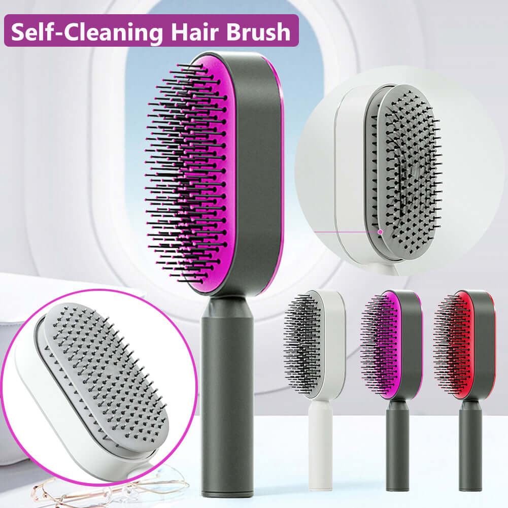 Self Cleaning Hair Brush For Women in various colors, featuring a unique self-cleaning design and massage bristles.