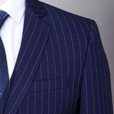 gray striped three-piece suit for men, detailed view of navy blue fabric and pinstripes, stylish urban fashion