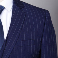 Close-up of a navy blue striped three-piece suit for men with fine pinstripes and a tailored fit.