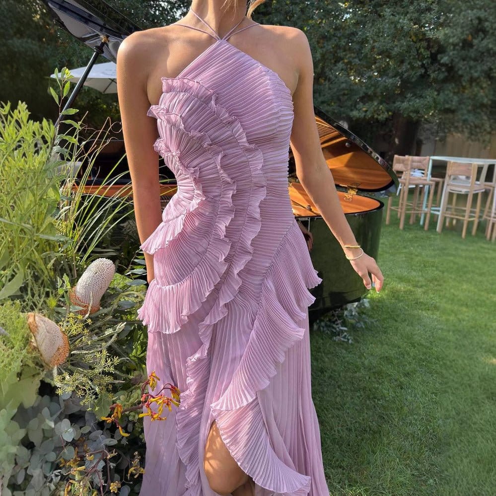 Ruffled Pleated Halterneck Dress Summer Irregular Hem Dresses Party Club Evening Gown Clothing | Silver Fox Sales