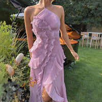 Ruffled Pleated Halterneck Dress Summer Irregular Hem Dresses Party Club Evening Gown Clothing | Silver Fox Sales