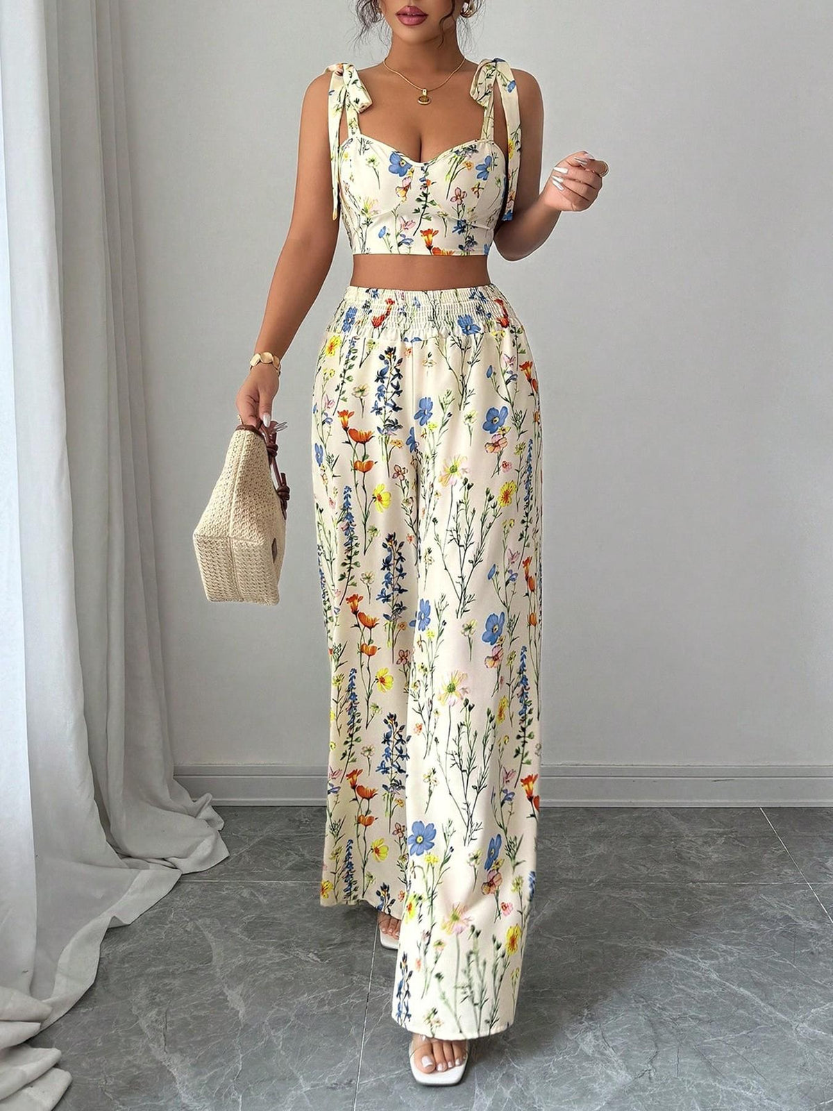 womens pyjama set printed camisole with floral design and matching pants