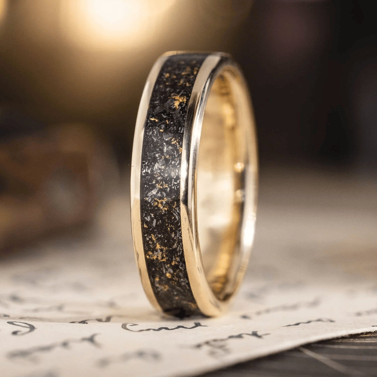The Stargazer | Men'S Gold Wedding Band with Meteorite & Gold Flakes