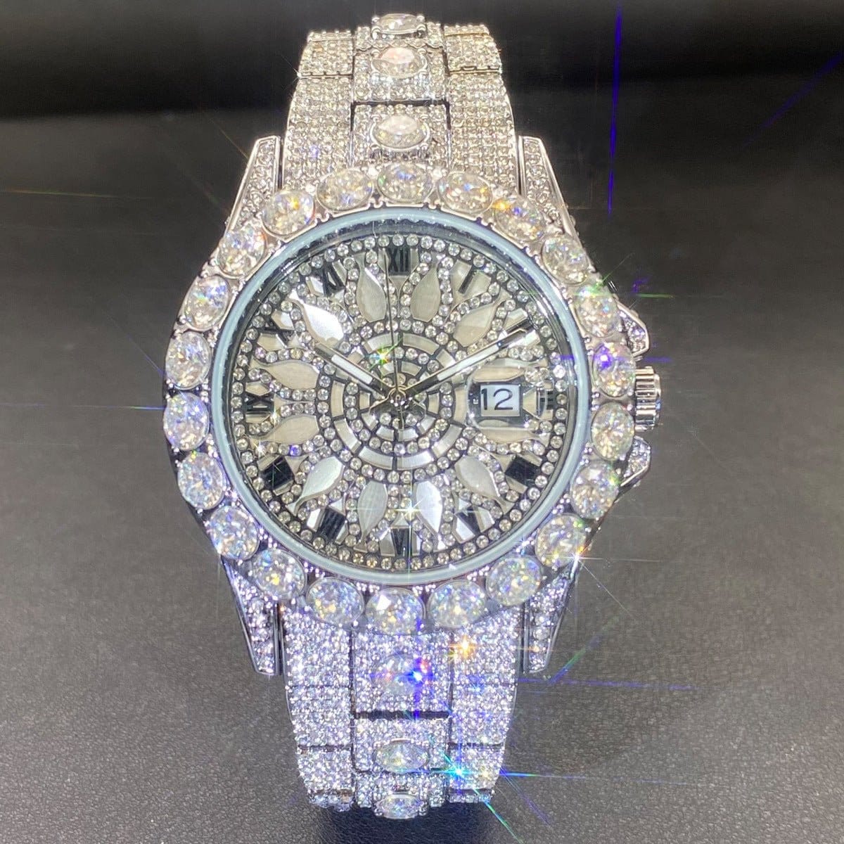 Men's diamond-encrusted hip-hop watch in silver with intricate design and dazzling crystals.