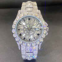 Men's diamond-encrusted hip-hop watch in silver with intricate design and dazzling crystals.