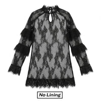 Chicovar Women's Sheer Black Lace Mini Dress - Unlined Long Sleeve Crew Neck Cocktail Dress with Ruffled Hem for Evening Wear and Special Occasions