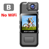4K wifi mini camera shown mounted on a body camera with no WiFi, featuring a cyclist in the display.
