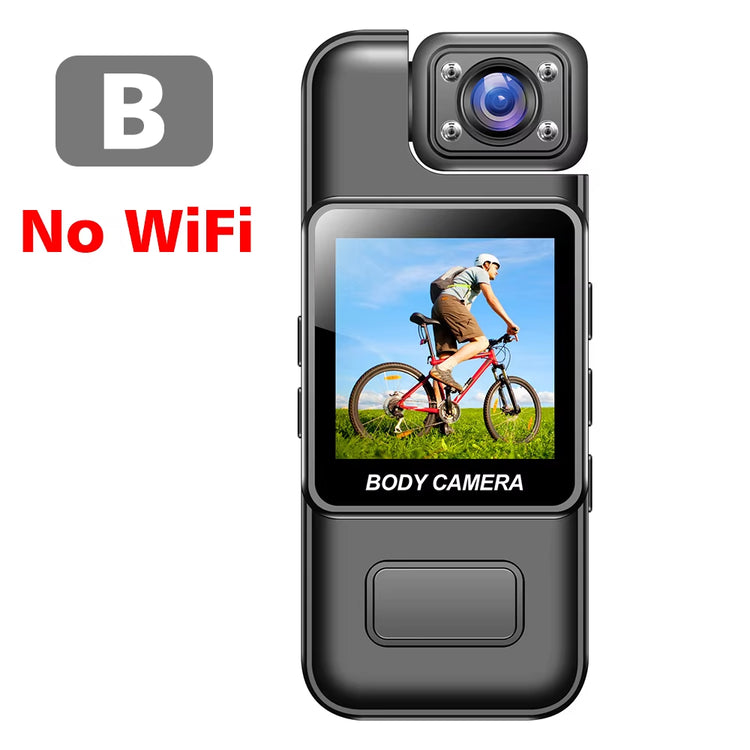 4K wifi mini camera shown mounted on a body camera with no WiFi, featuring a cyclist in the display.