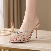 Water Diamond Square Head One Word Cold Slippers for Women displayed on a stylish surface.