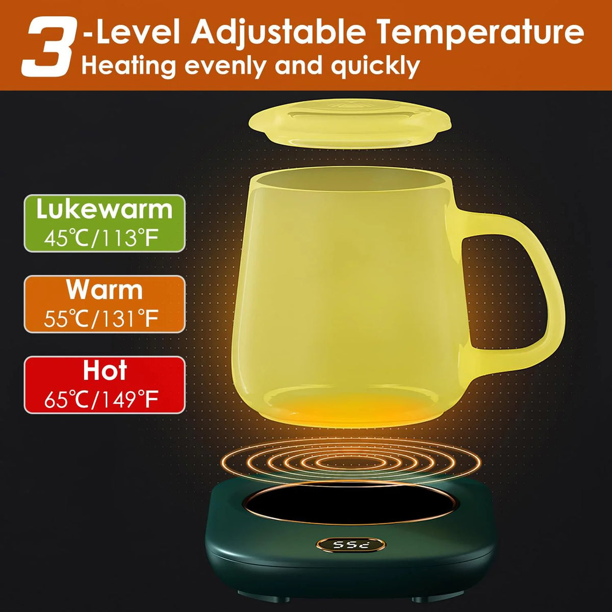 USB Electric Mug Warmer with Auto Shutoff & 3 Heat Settings