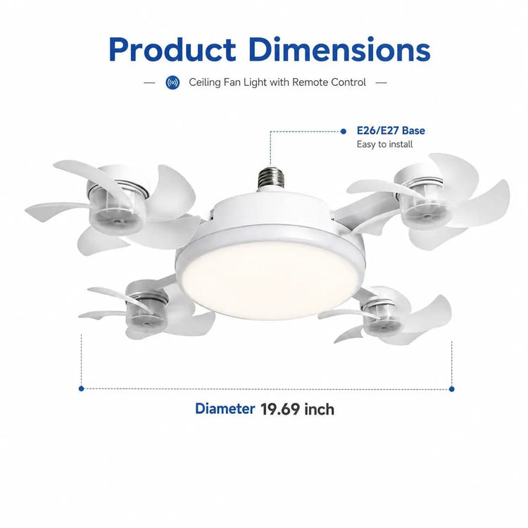 Ceiling Fan Light with Remote Control, 19.69 Inch Screw in LED Fan Light, E26/E27 Base Foldable Ceiling Fan with 4 Fan Heads, Quiet Airflow & Bright Lighting, Easy Installation for Bedroom, Living Room, Kitchen, Office, Dorm, Small Room Use