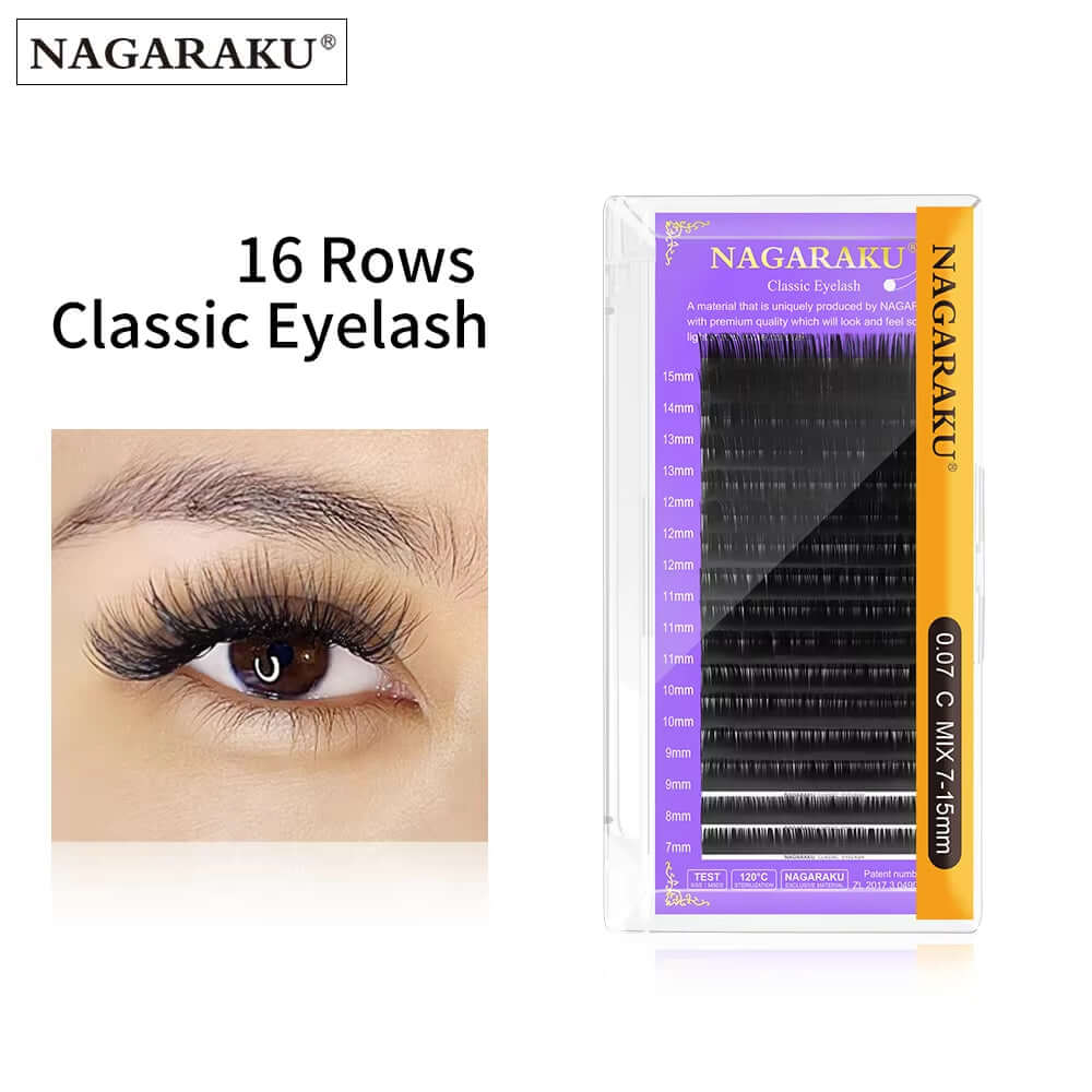 NAGARAKU 16 Rows Classic Individual Eyelash Extension Lashes in Matte Black for a Natural Look.