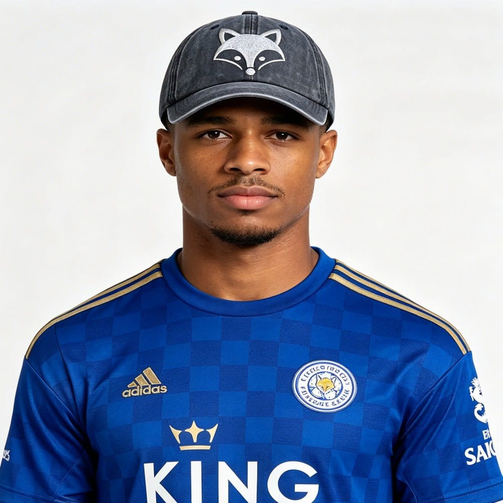A model wearing a fox embroidered baseball cap with a Leicester City jersey, showcasing the playful design.