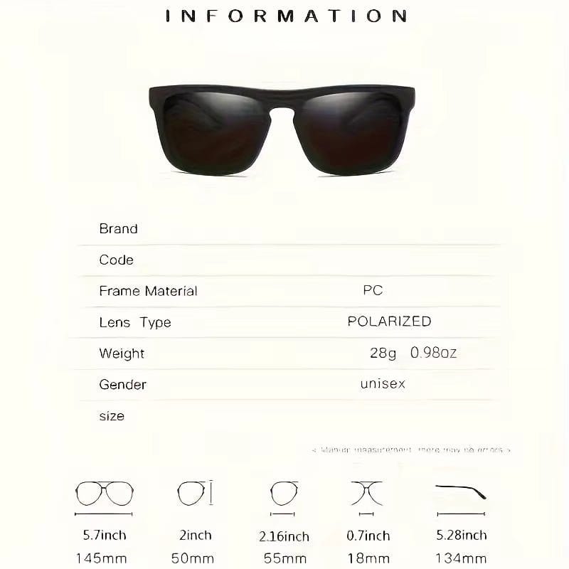 Polarized square sunglasses with PC frame and polarized lenses, ideal for summer activities and travel.