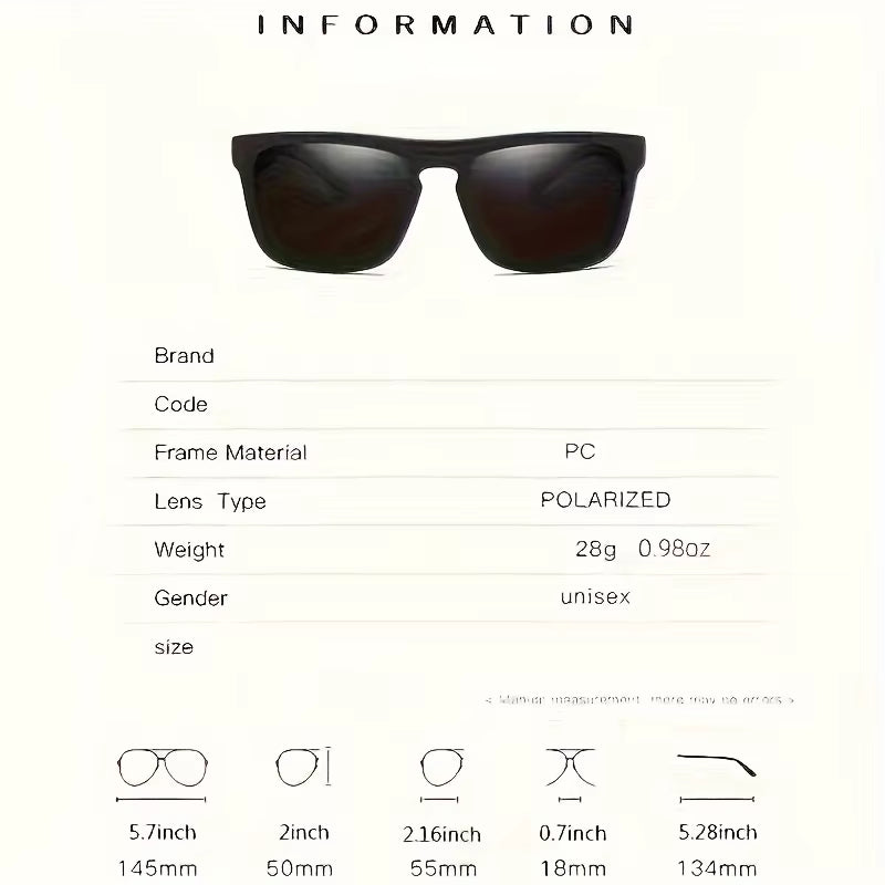 Polarized square sunglasses with PC frame and polarized lenses, ideal for summer activities and travel.