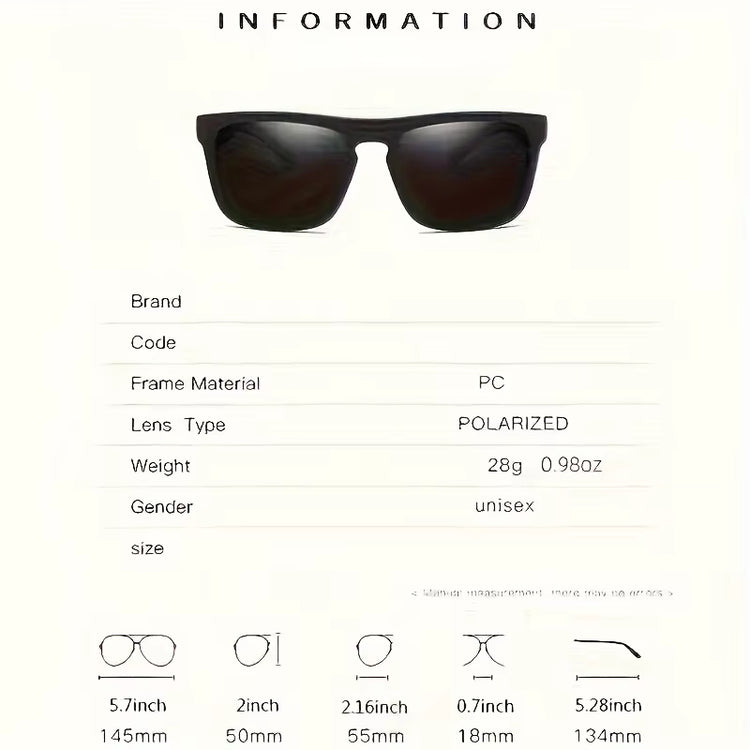 Polarized square sunglasses with PC frame and polarized lenses, ideal for summer activities and travel.