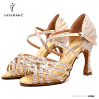 Women Salsa Dance Shoes Latin Ballroom Shoes Latin Dance Shoes Girl Skin Black Color Full Rhinestone Tango Party Shoes 9Cm