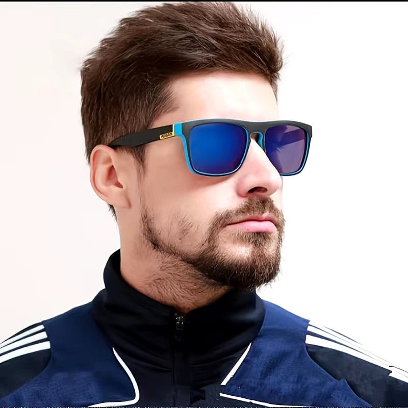 Man wearing stylish polarized square sunglasses with a sporty look against a neutral background.