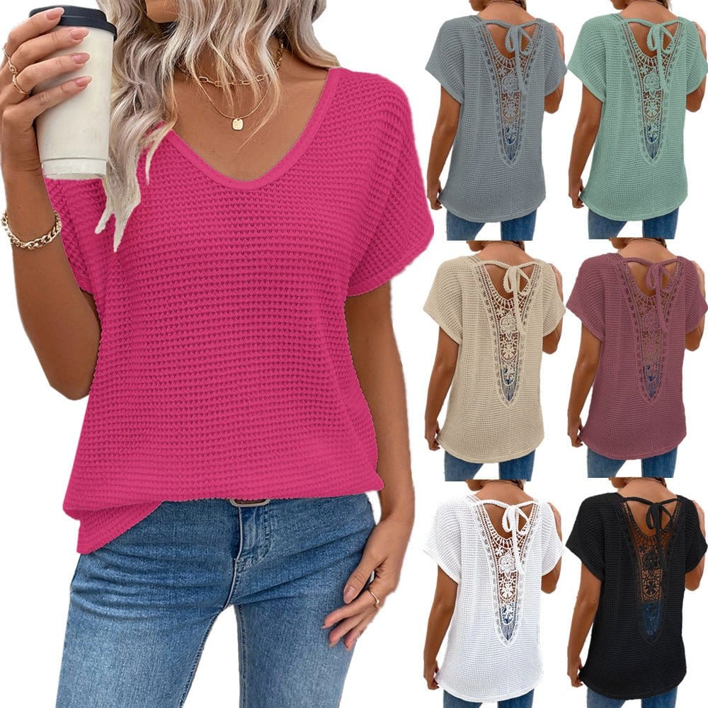 Womens Lace-Panel V-Neck Fashion T-Shirt | Silver Fox Sales