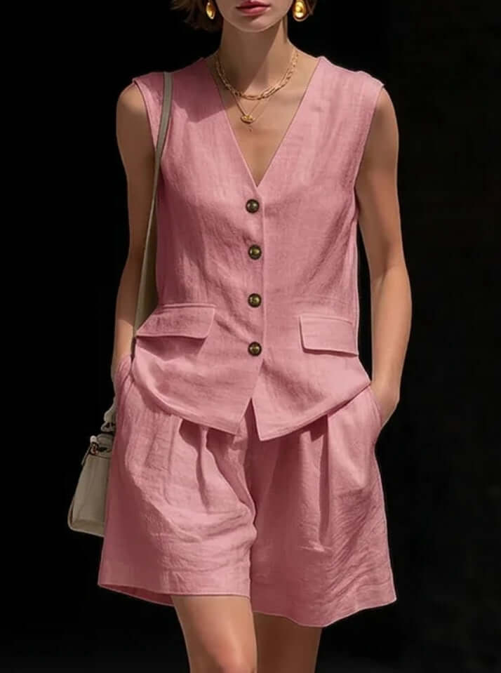 Womens cotton-linen summer vest and shorts set in pink, sleeveless design with buttons and pockets.