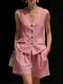 Womens cotton-linen summer vest and shorts set in pink, sleeveless design with buttons and pockets.