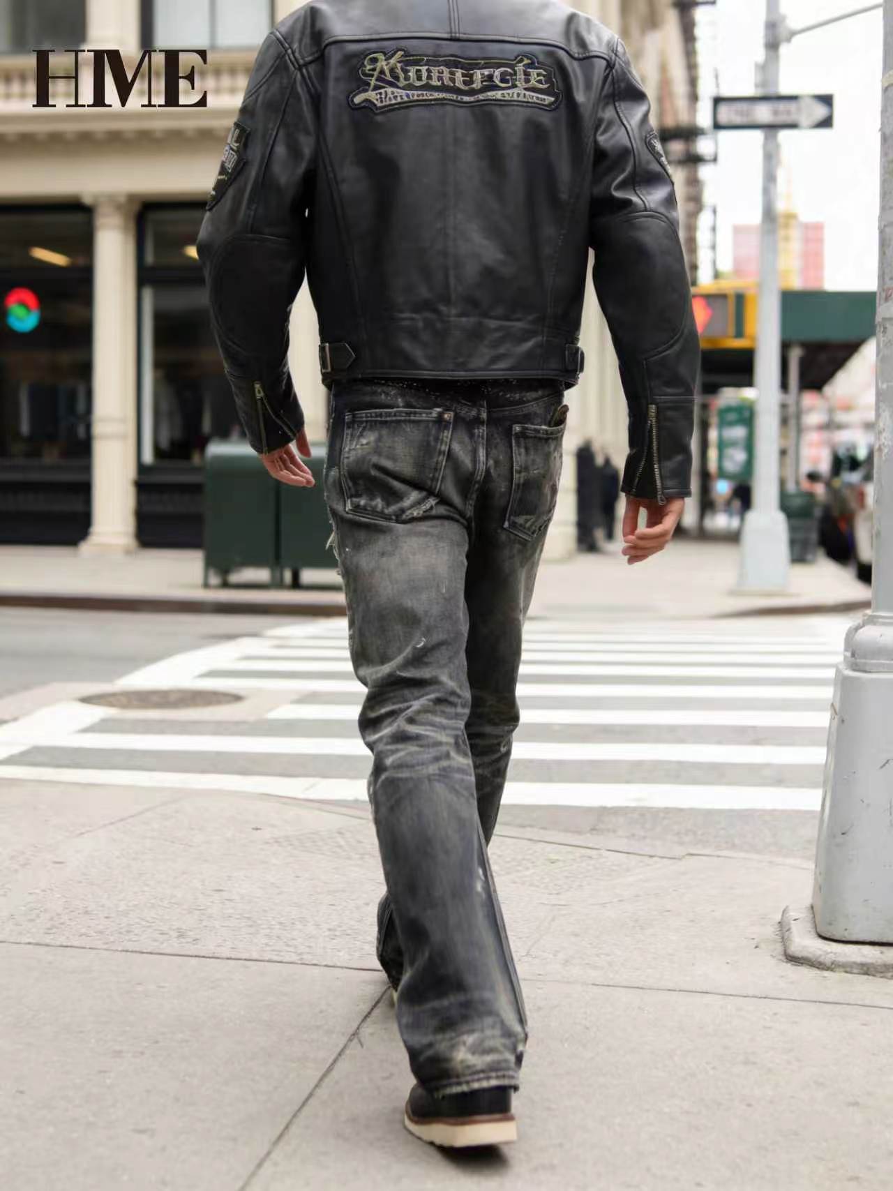 Man walking in urban setting wearing Shanxi Stretchy Slim Straight Pants.