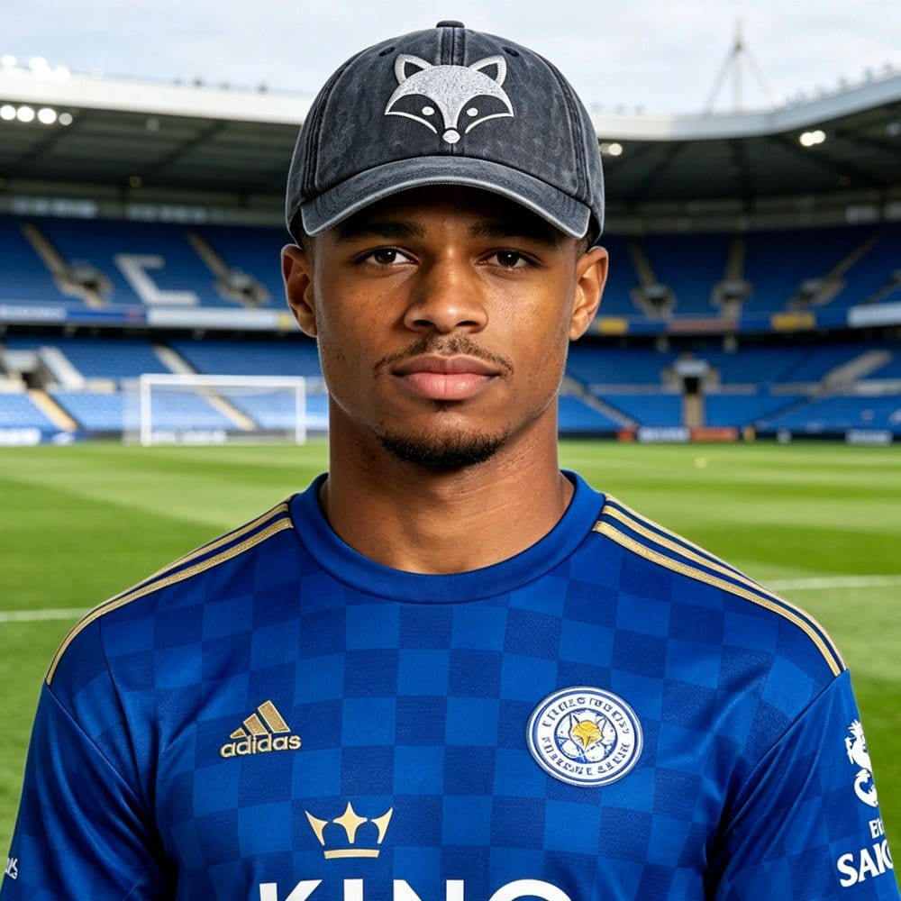 Man wearing a fox embroidered baseball cap and a Leicester City jersey on a soccer field.