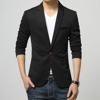 Slim fit one button blazer for men in black, worn casually with a white shirt and blue jeans.