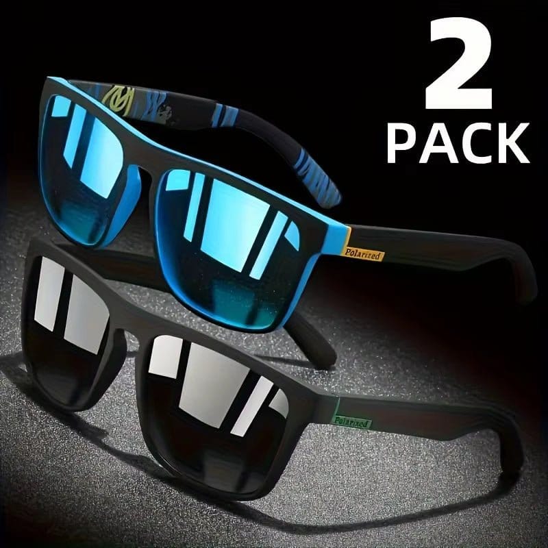2 pack of polarized square sunglasses with anti-glare lenses ideal for summer parties and outdoor activities.