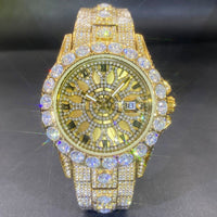 Men's high-end diamond-encrusted hip-hop watch in gold with sparkling details.