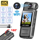 4K wifi mini camera showcasing ultra HD video recording, WiFi features, and 180-degree rotatable lens for versatile use.