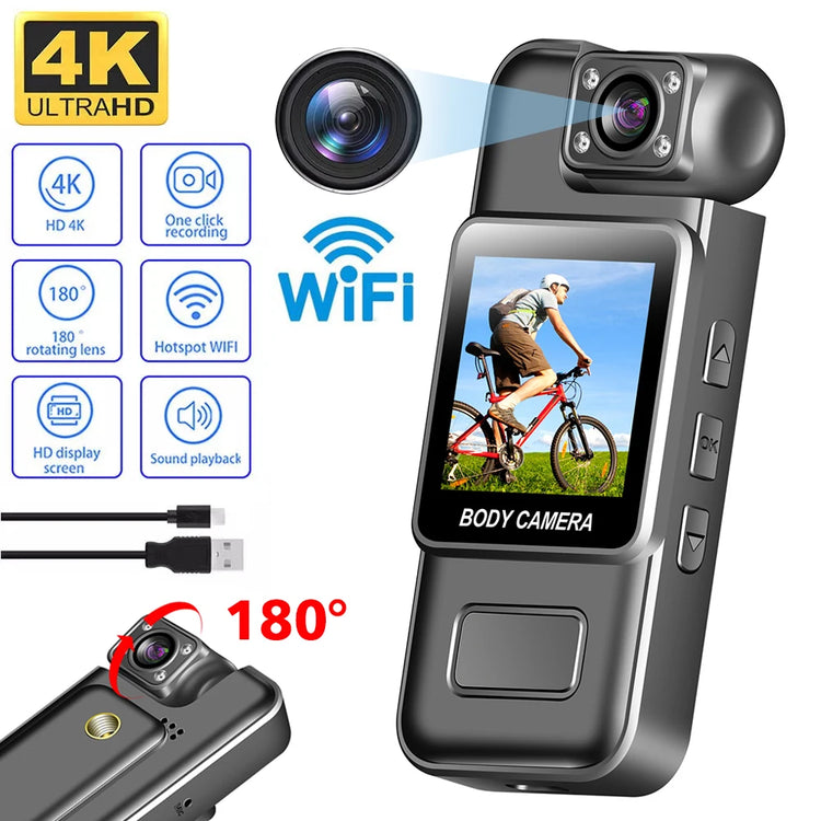 4K wifi mini camera showcasing ultra HD video recording, WiFi features, and 180-degree rotatable lens for versatile use.