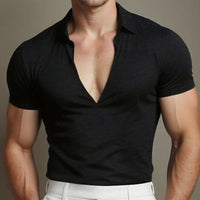 men's breathable v-neck short sleeve top in black, showcasing a stylish and comfortable design.